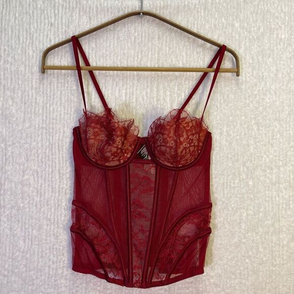 Victoria’s Secret Red Mesh Lace Satin Bustier Corset Top Size 34B NWT - Picture 1 of 7